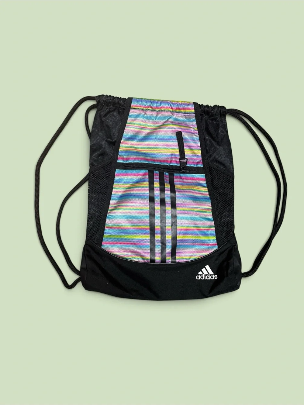 Adidas Black Rainbow Striped Drawstring Backpack Gym Travel Lightweight Unisex